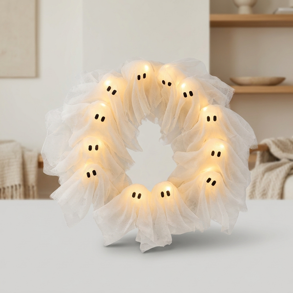 BOOCROWN – Glowing Ghost Wreath for Spooky Halloween Ambience