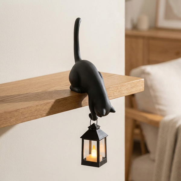 WHISKELLE – Linterna LED con figura de gato en el borde del estante para una decoración encantadora