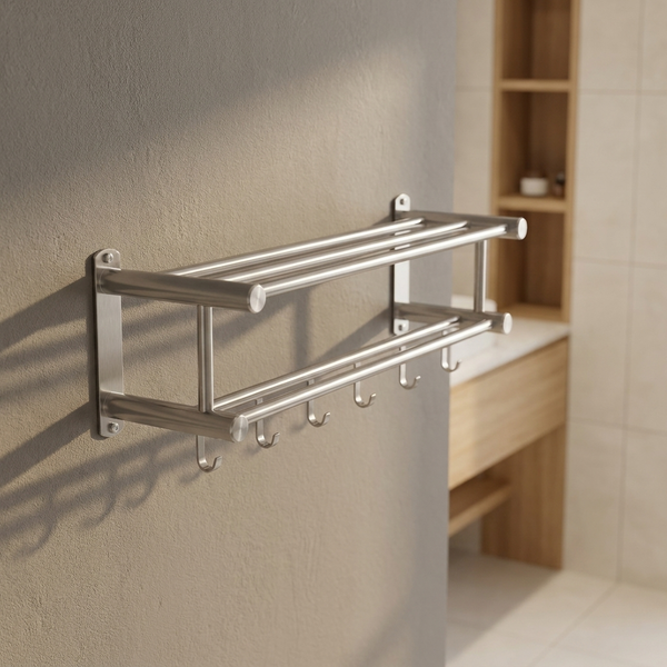 RAILESSA – Space-Saving Towel Rack with Shelf & Hooks for Smart Storage