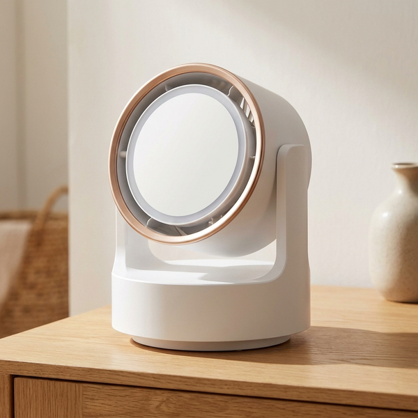 GLOWAIRIS – Ventilador de escritorio con espejo LED para espacios frescos e iluminados