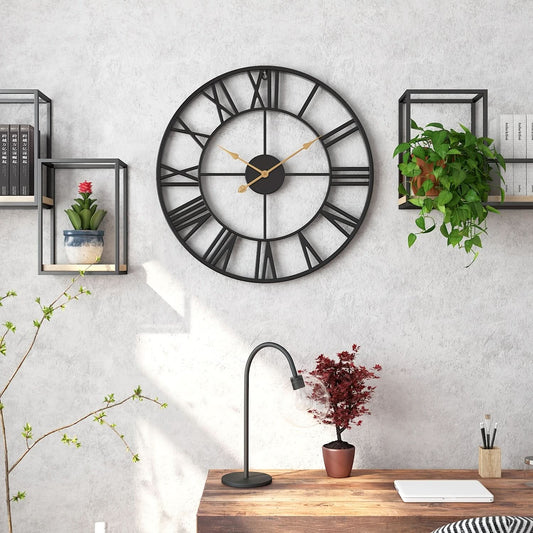 CALMTIME - Vintage silent round wall clock with metal frame for quiet and elegant home décor