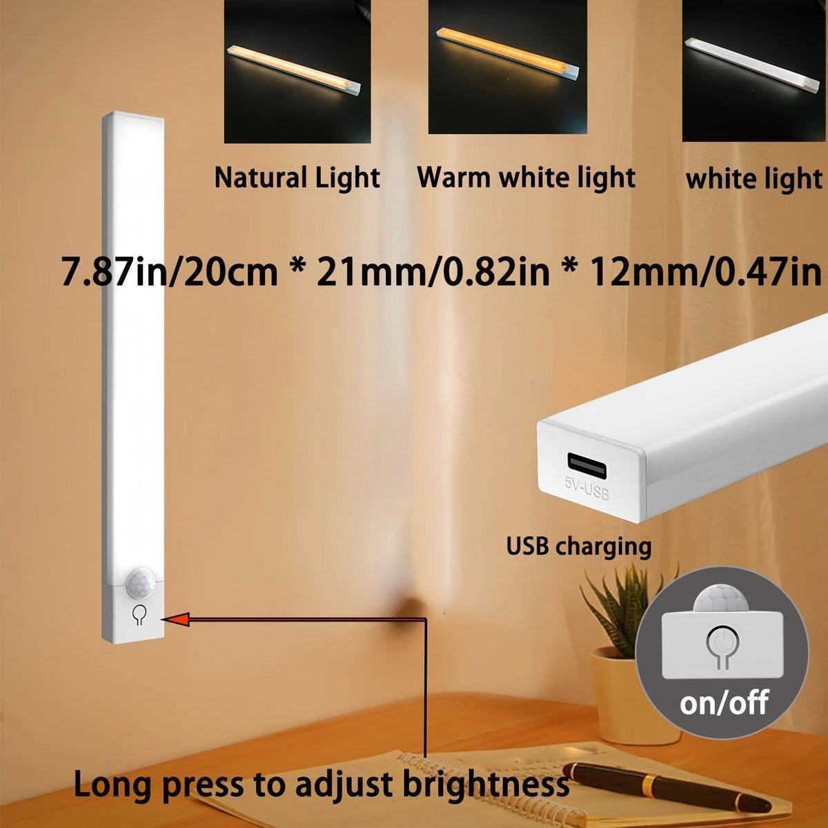 MOTIONLUX - Smart motion sensor LED night light with USB rechargeable battery and adjustable brightness