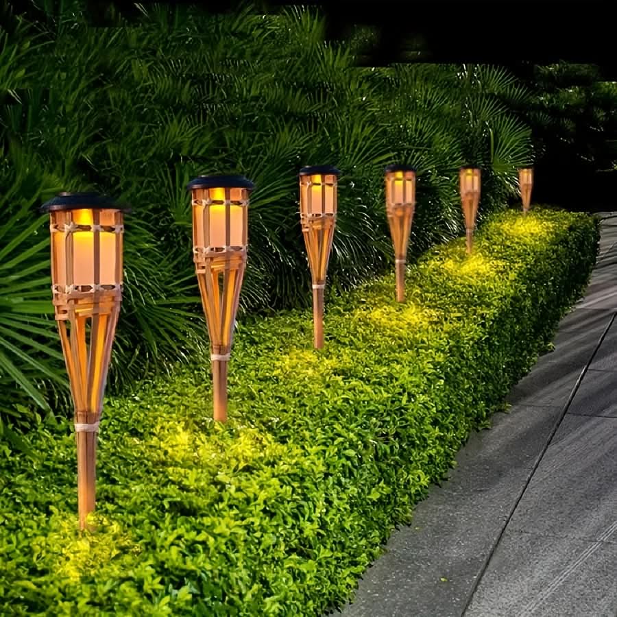 TIKIGLOW - Lumières LED en bambou solaire imitant la flamme pour une ambiance chaleureuse en extérieur et décoration de jardin