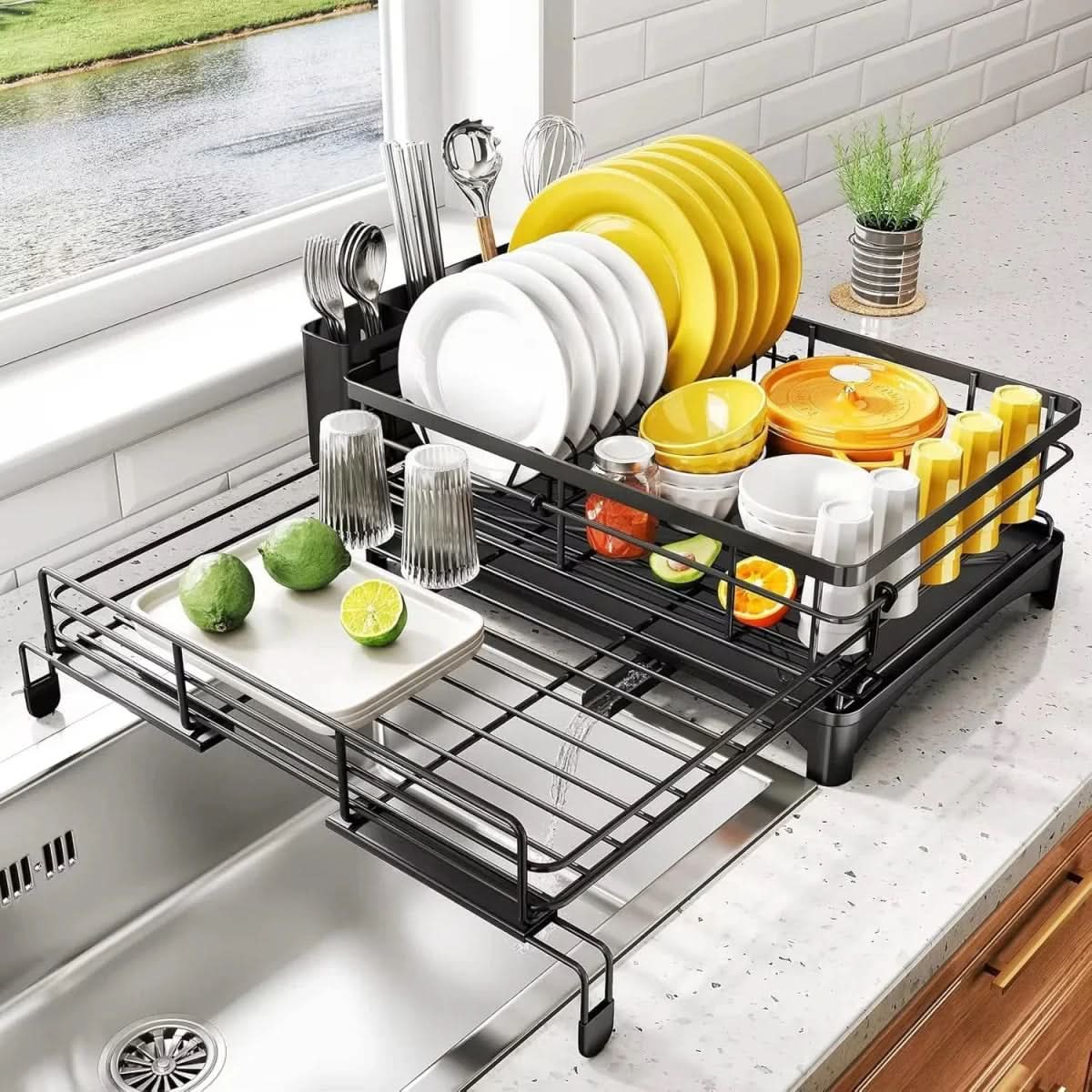 DISHSHIELD - Large dish drying rack with integrated drip tray for organized and dry kitchen countertops