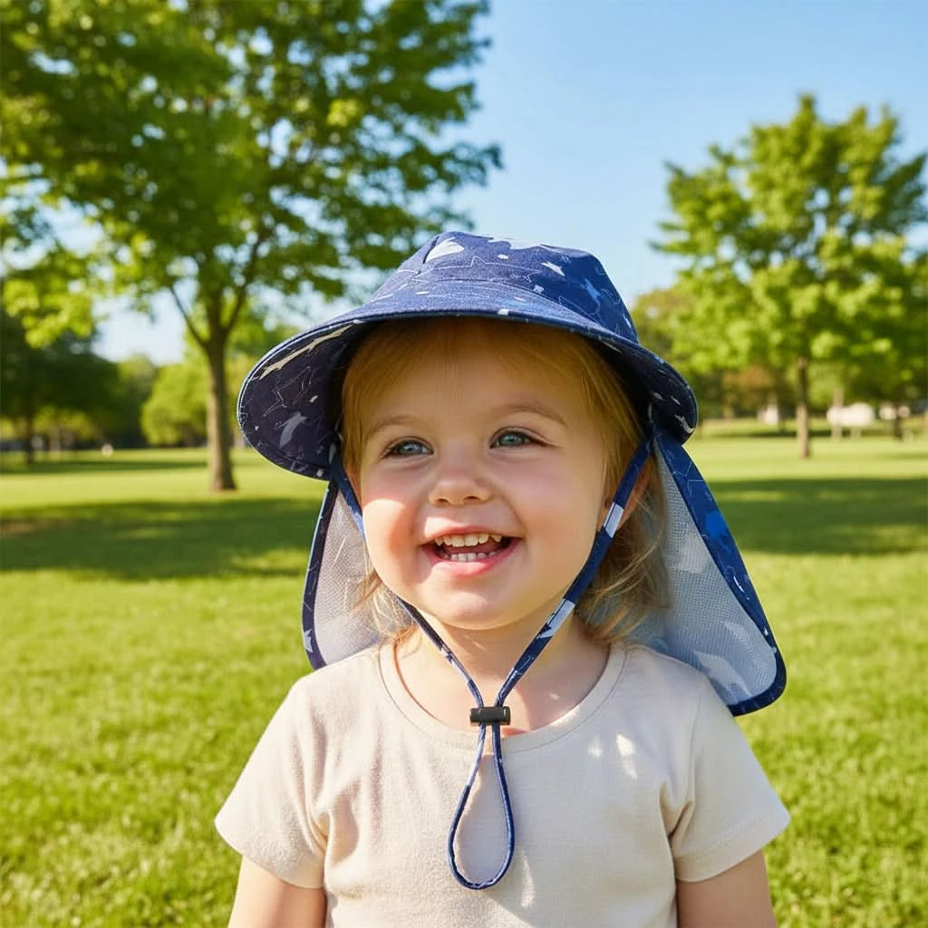 Kids Summer Bucket Hat with Shawl - Quick Dry Cartoon Sun Cap for Ages 1-3 0