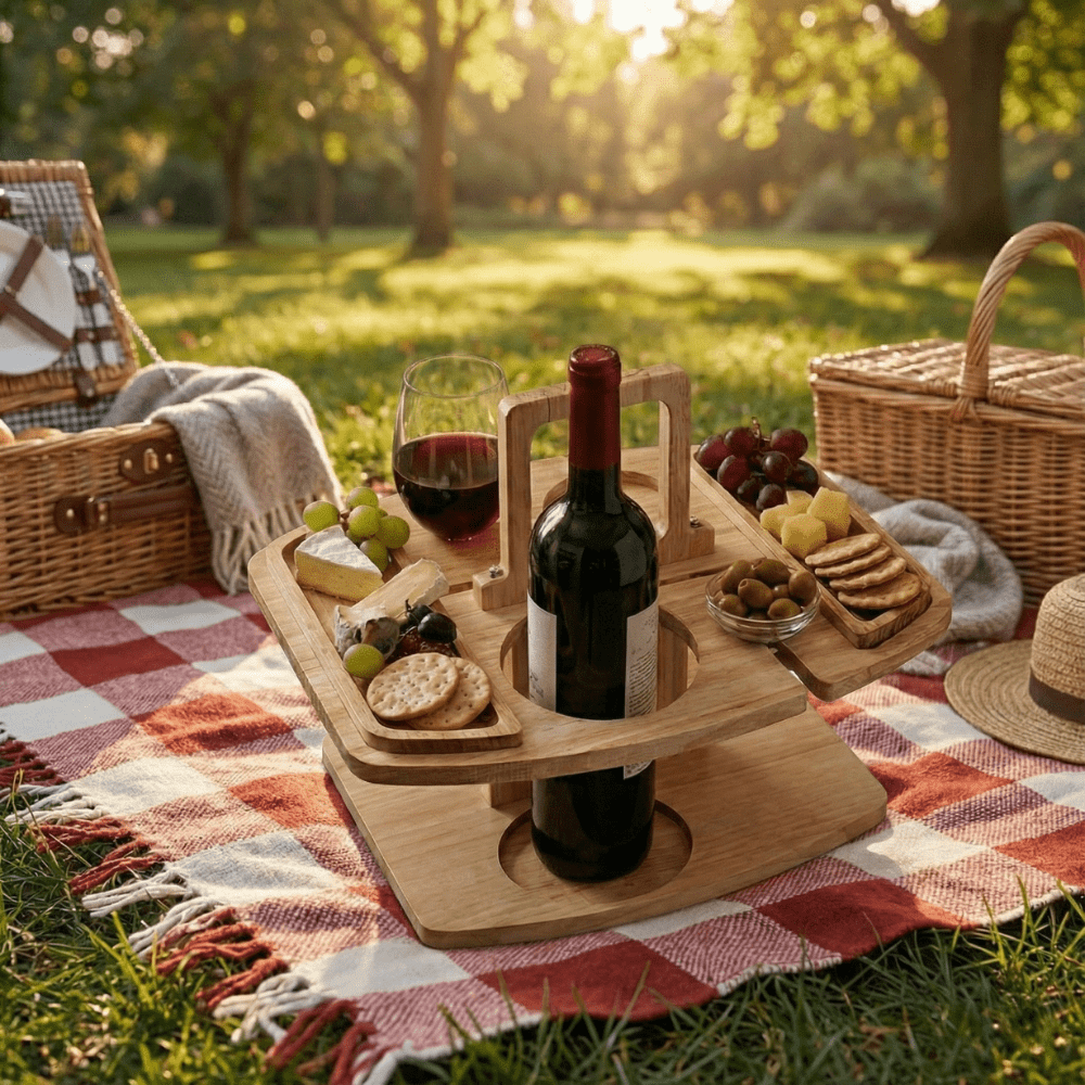 VINTAGE PICNIC – Wooden Picnic Table with Compartments for Wine and Outdoor Dining
