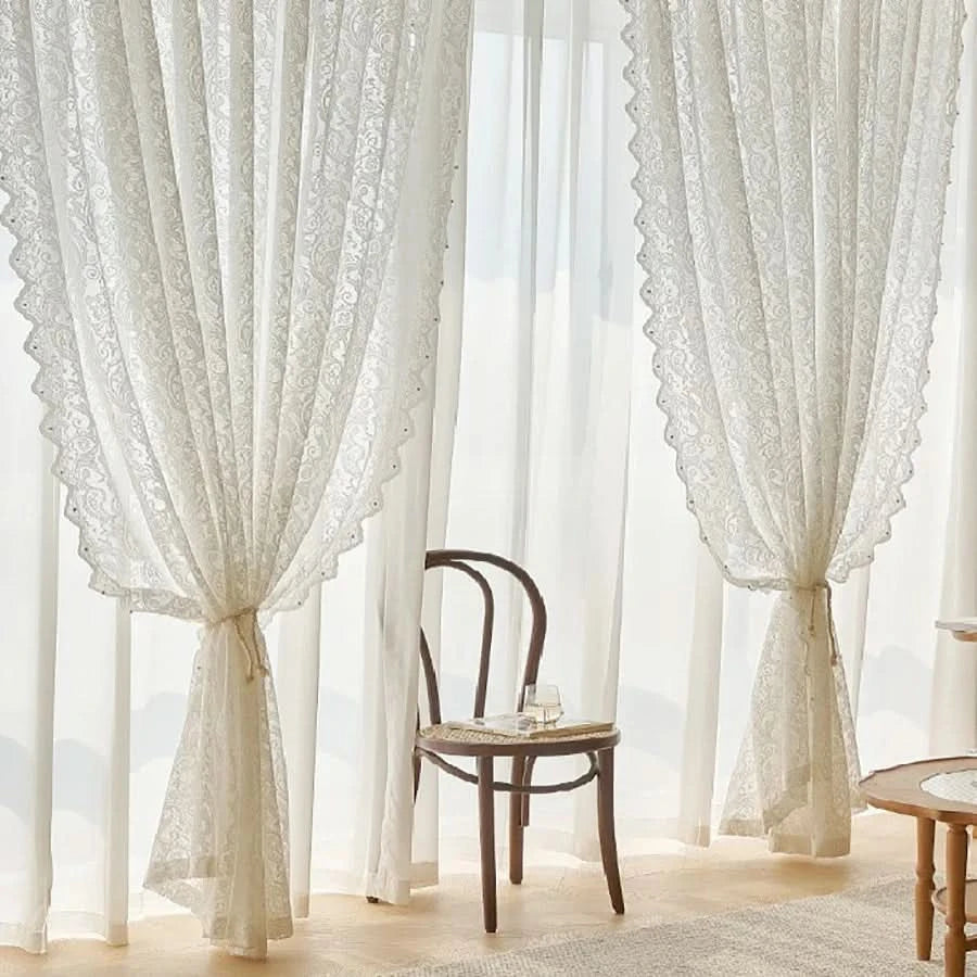 CHÂTELACE - French country lace curtain with elegant beaded phoenix tail detail