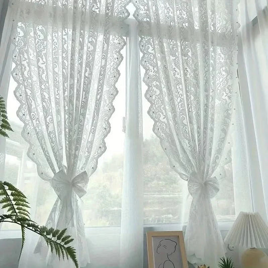 CHÂTELACE - French country lace curtain with elegant beaded phoenix tail detail