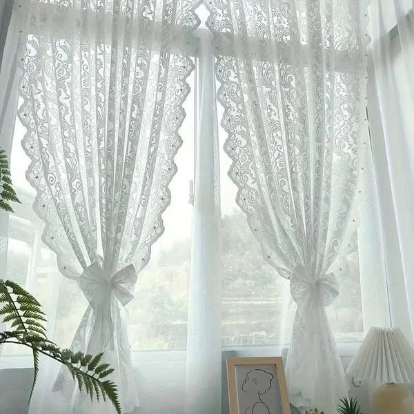 CHÂTELACE - French country lace curtain with elegant beaded phoenix tail detail