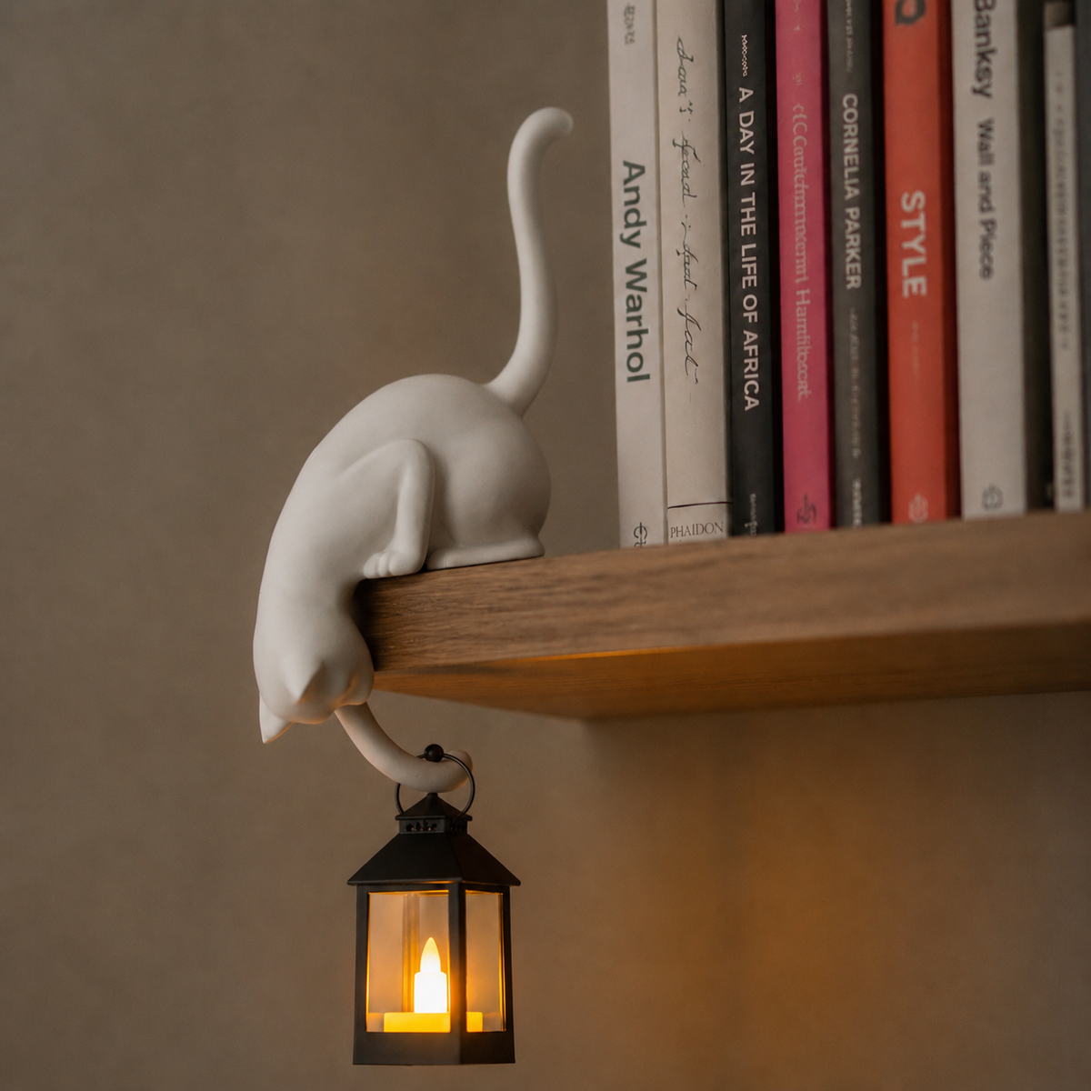 WHISKELLE – Linterna LED con figura de gato en el borde del estante para una decoración encantadora
