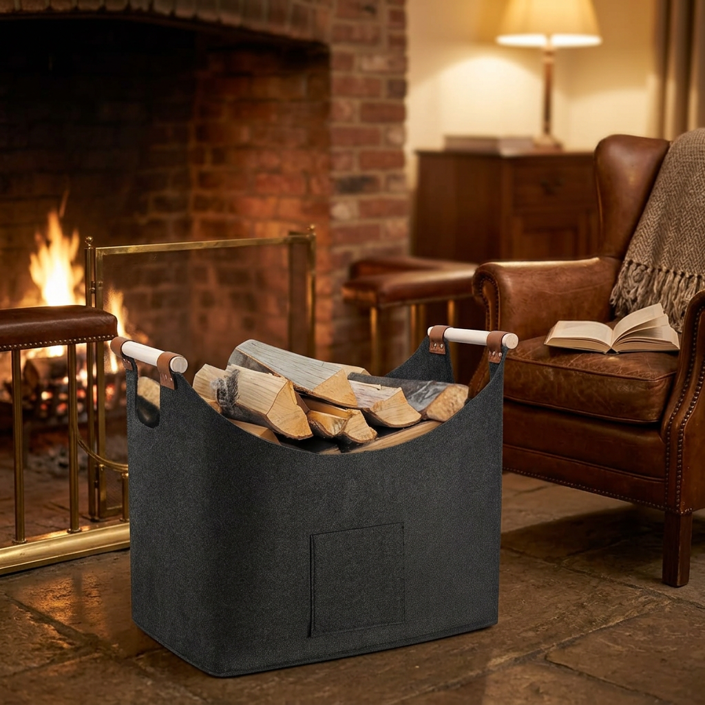 Basket beside a fireplace in a cozy evening living room