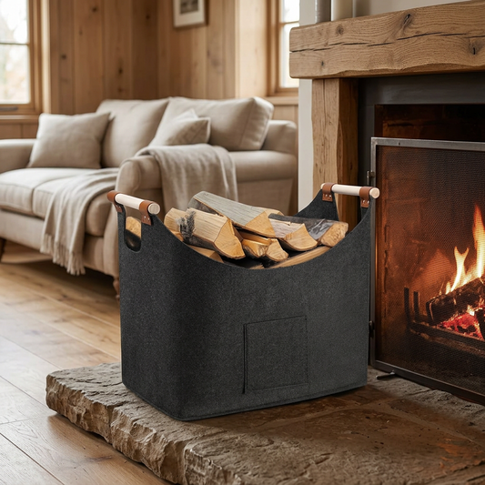 Basket with logs beside a rustic fireplace