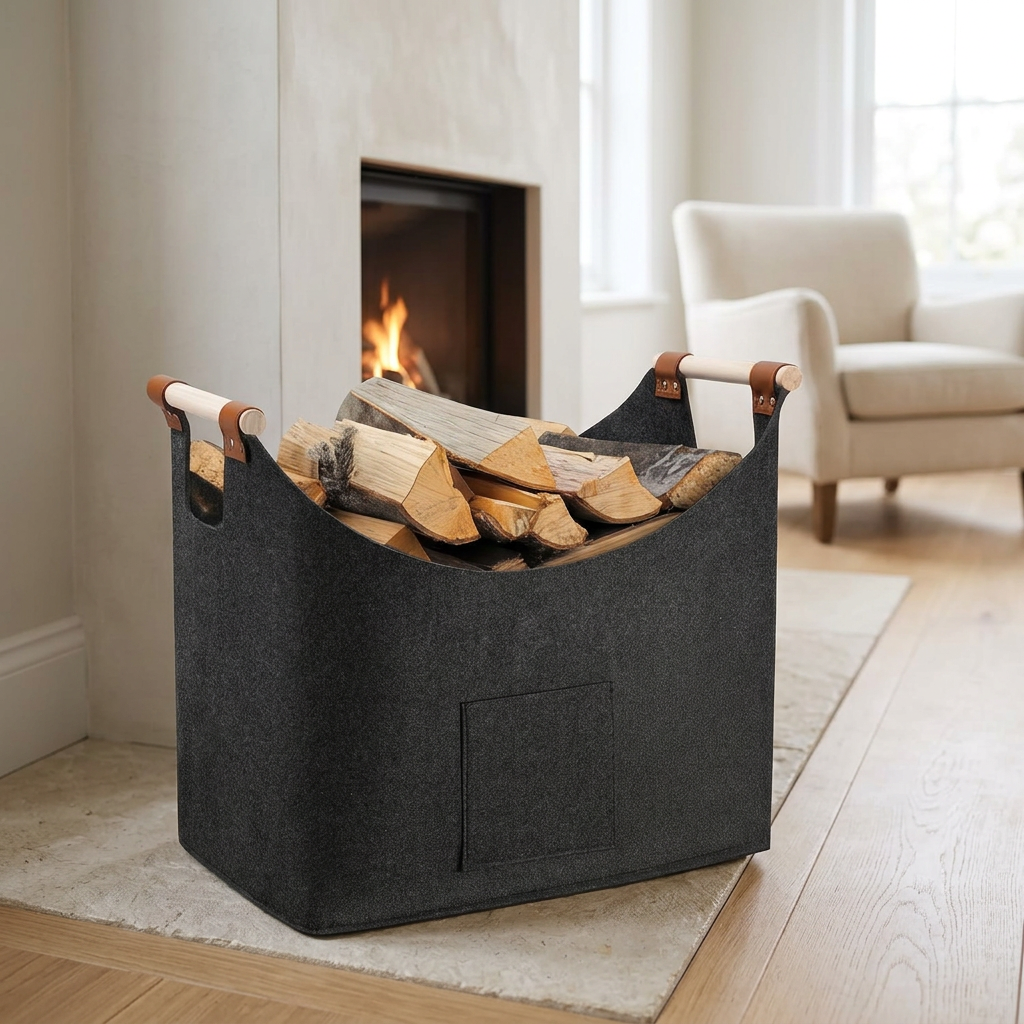 Basket with logs in a modern living room