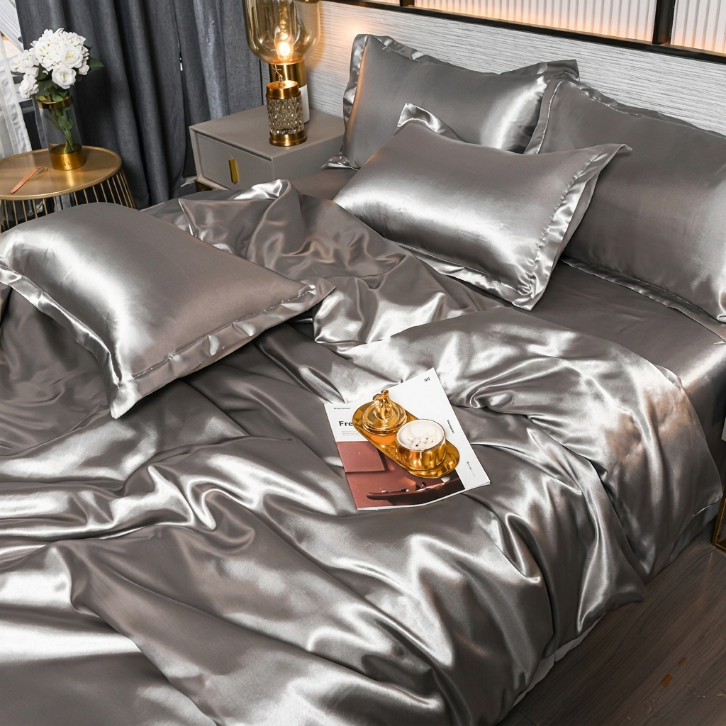 Cleaned-up silver satin bedding image