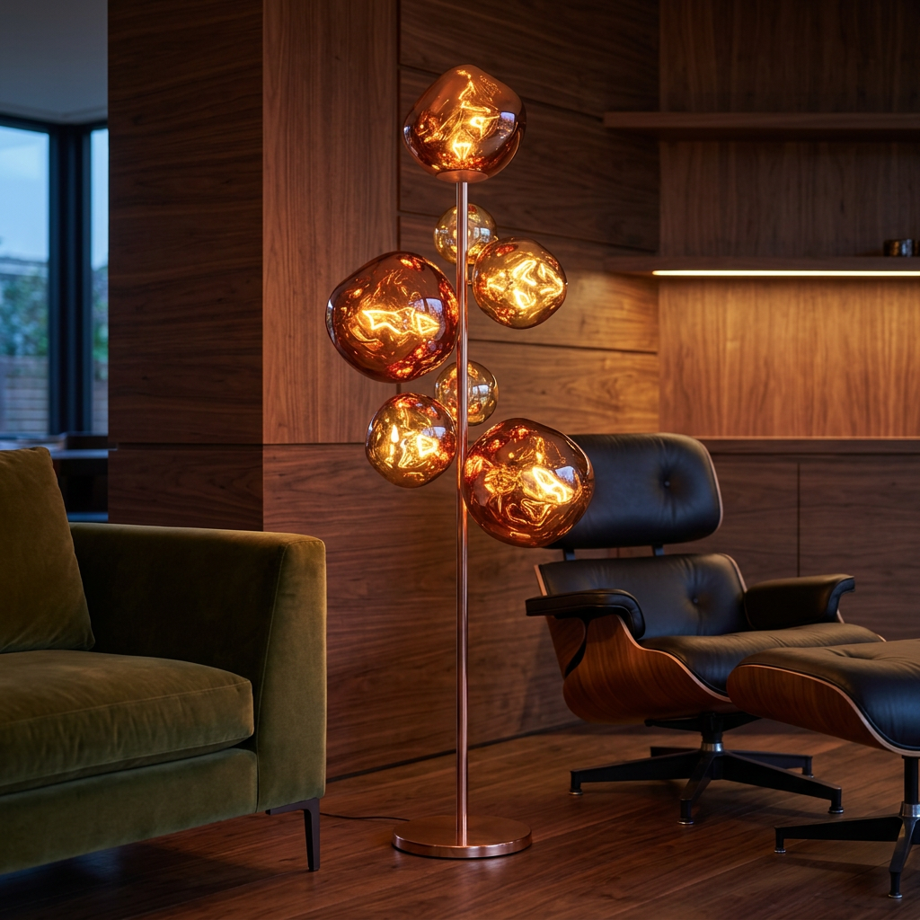Copper lamp in a cozy living room