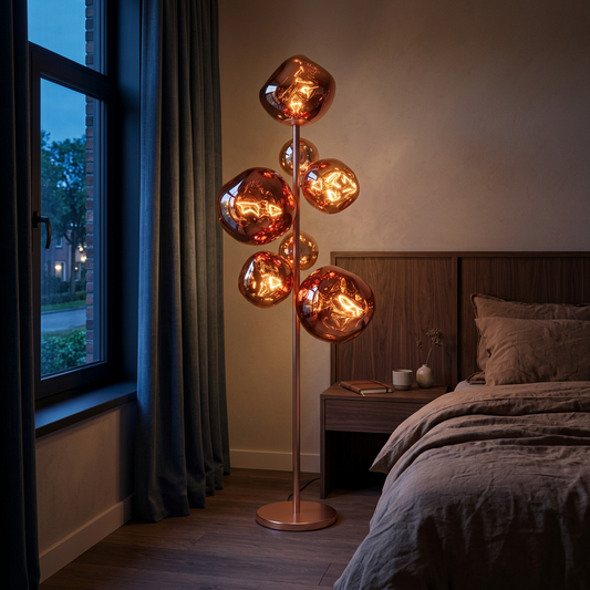 Copper lamp in a warm evening bedroom
