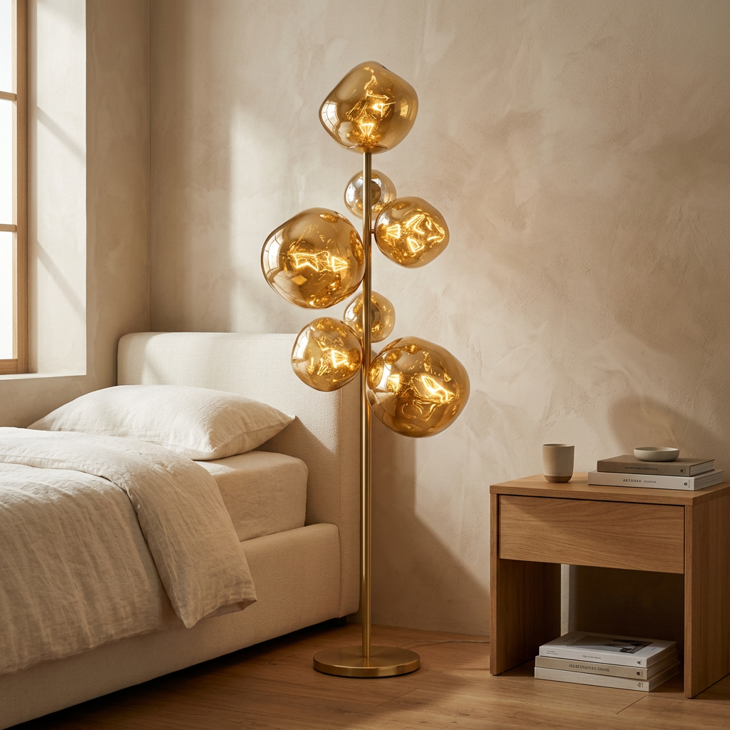 Gold lamp in a softly lit cream bedroom