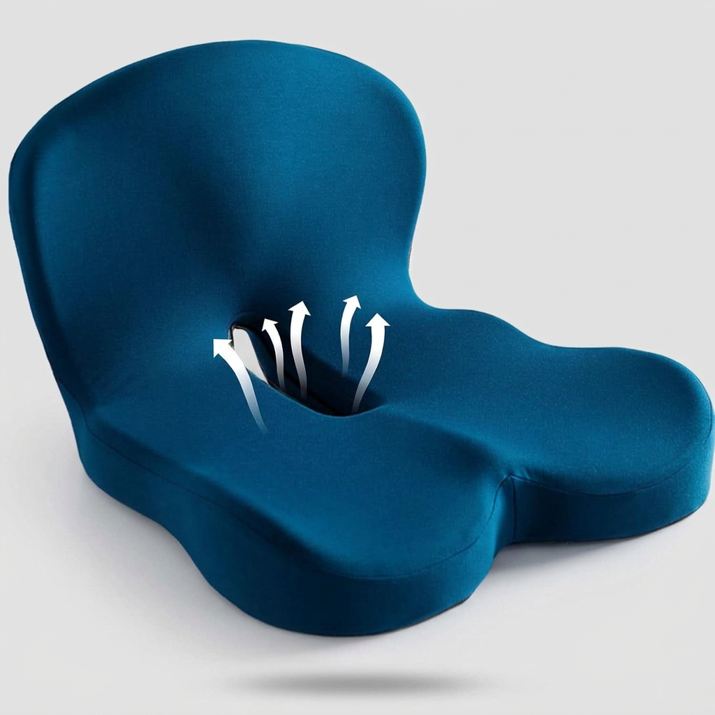 Dark blue memory foam seat cushion with backrest, studio shot on neutral grey background