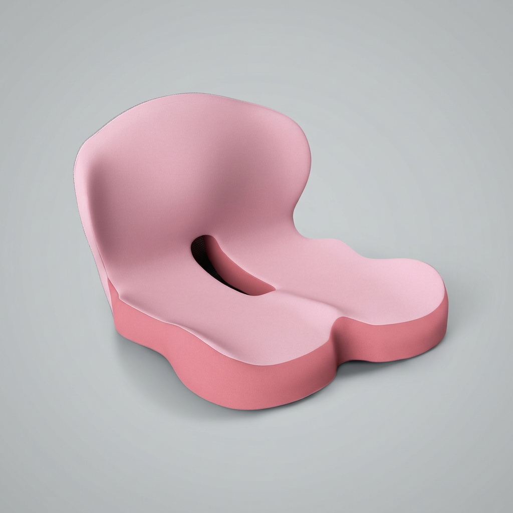 Pink memory foam seat cushion with backrest, studio shot on neutral grey background