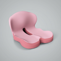 Pink memory foam seat cushion with backrest, studio shot on neutral grey background