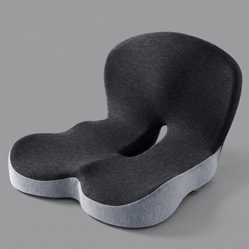 Black memory foam seat cushion with backrest, studio shot on neutral grey background