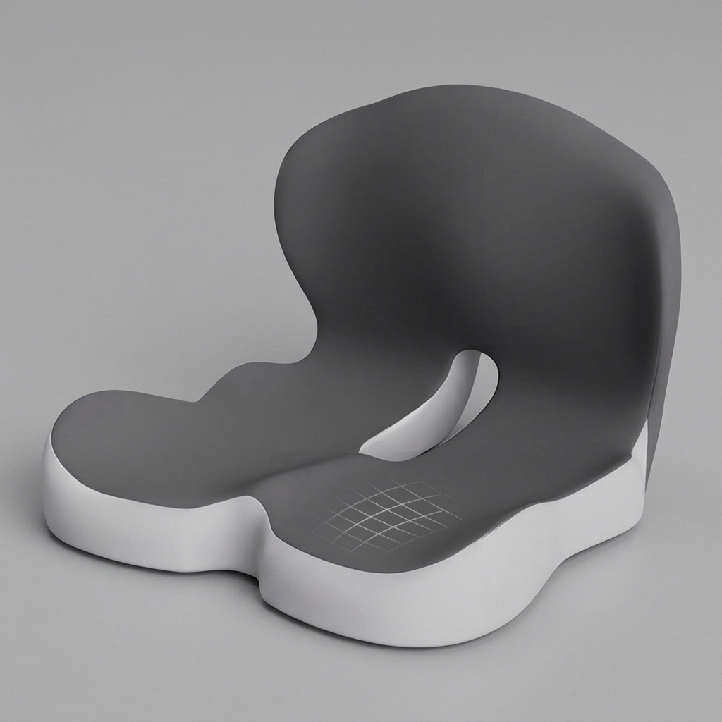Dark grey memory foam seat cushion with backrest, studio shot on neutral grey background