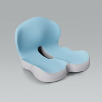 Light blue memory foam seat cushion with backrest, studio shot on neutral grey background