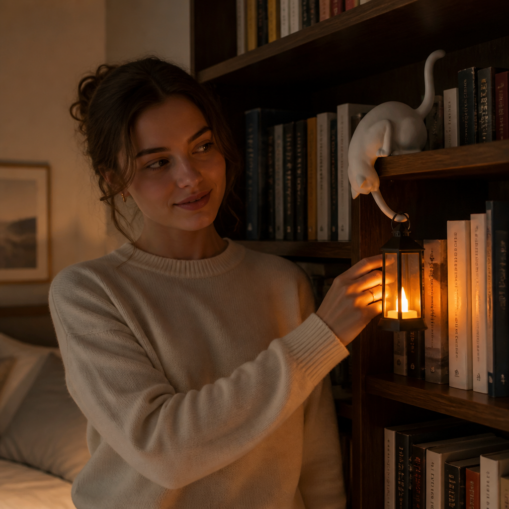 WHISKELLE – Linterna LED con figura de gato en el borde del estante para una decoración encantadora