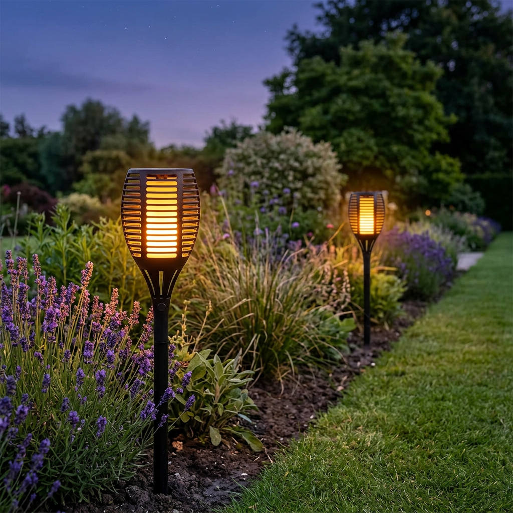 Lights placed separately in a lavender garden border