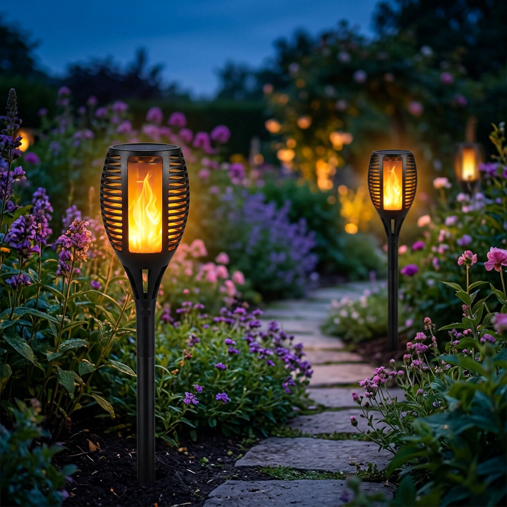 Lights spaced along a stone garden path