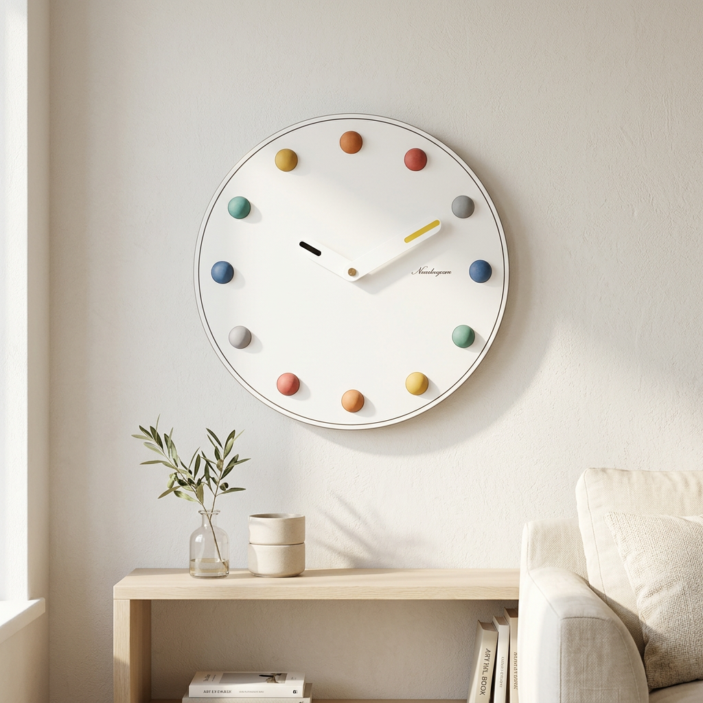 Rainbow clock in a bright Scandinavian living room