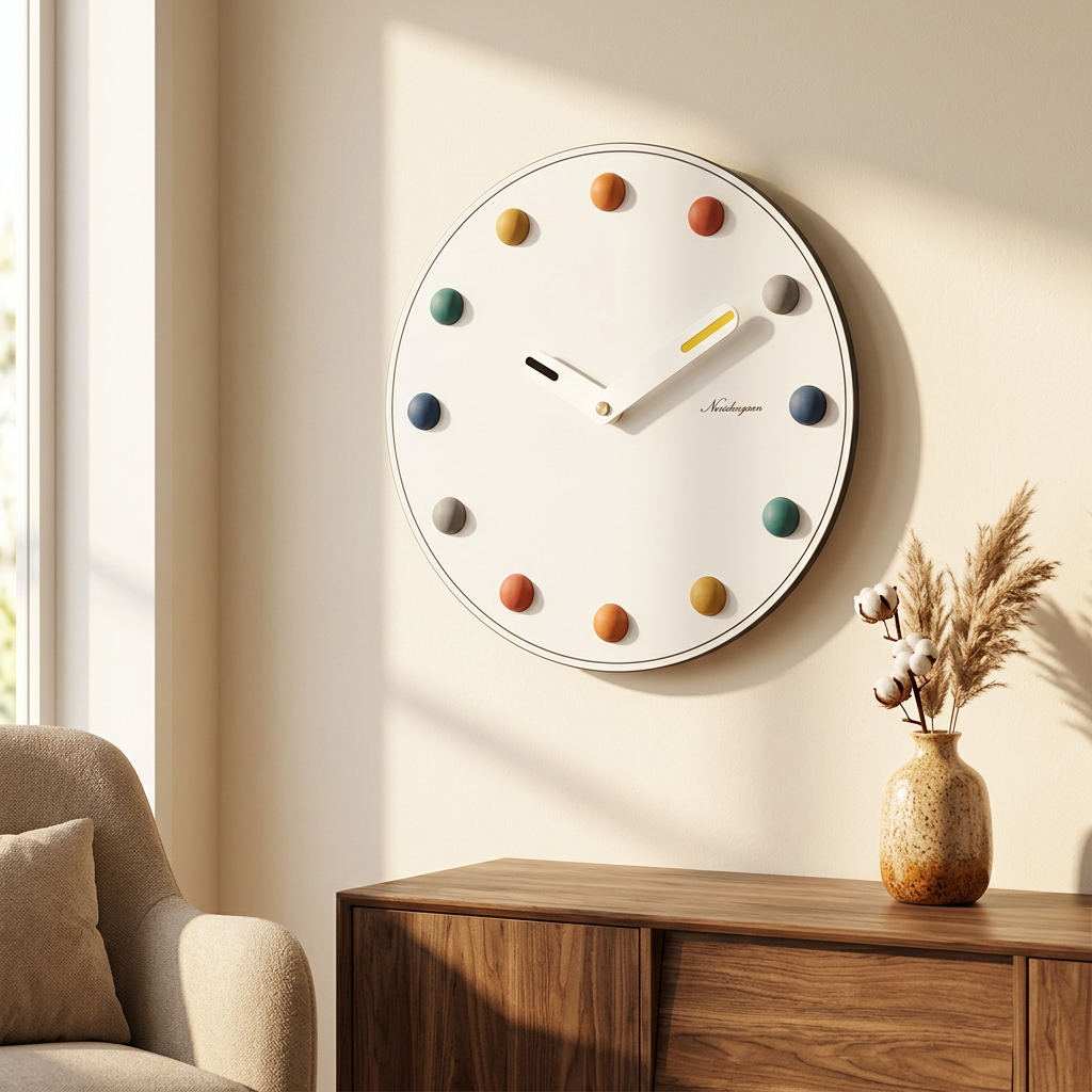 Rainbow clock in a cozy neutral living room