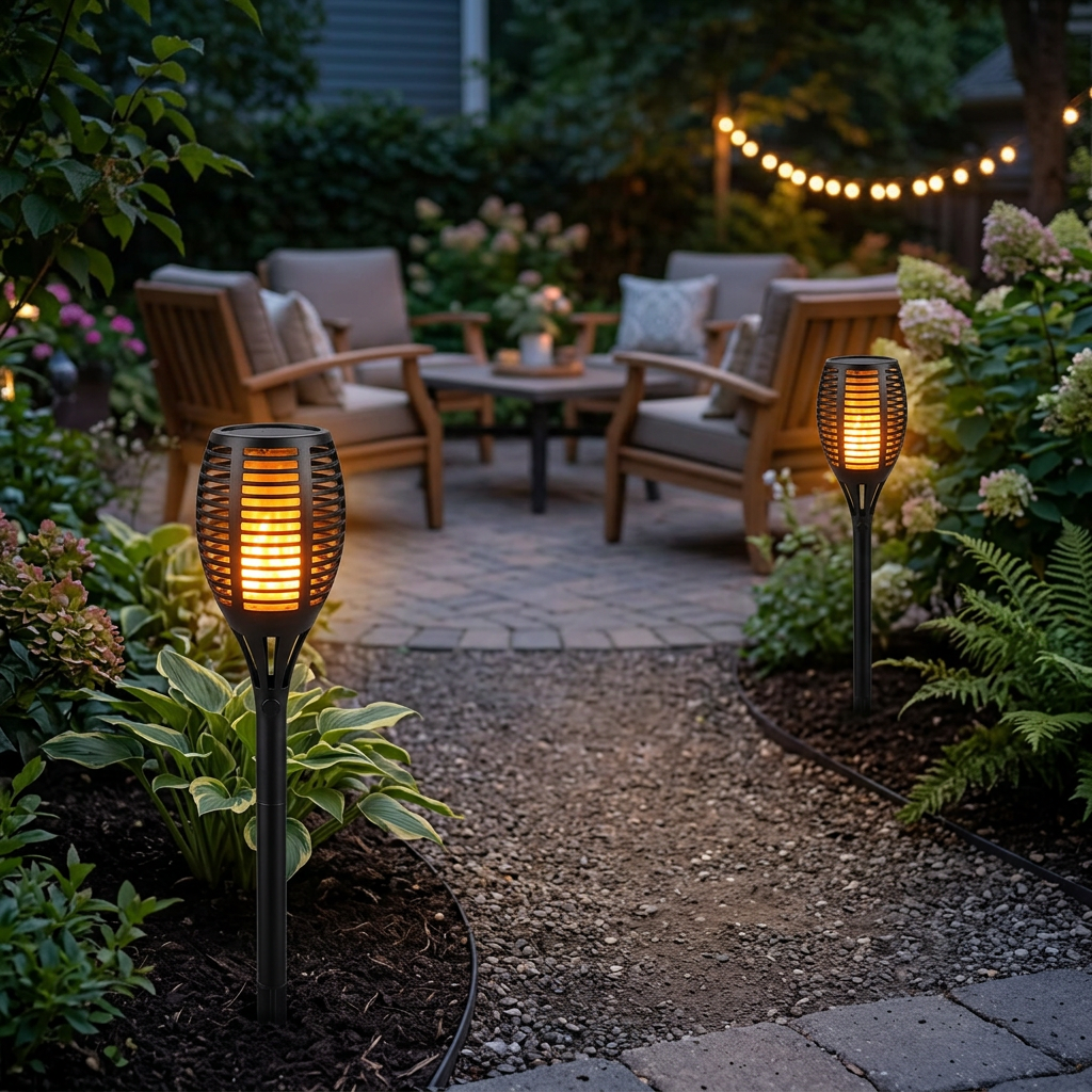 Separate lights decorating a garden patio