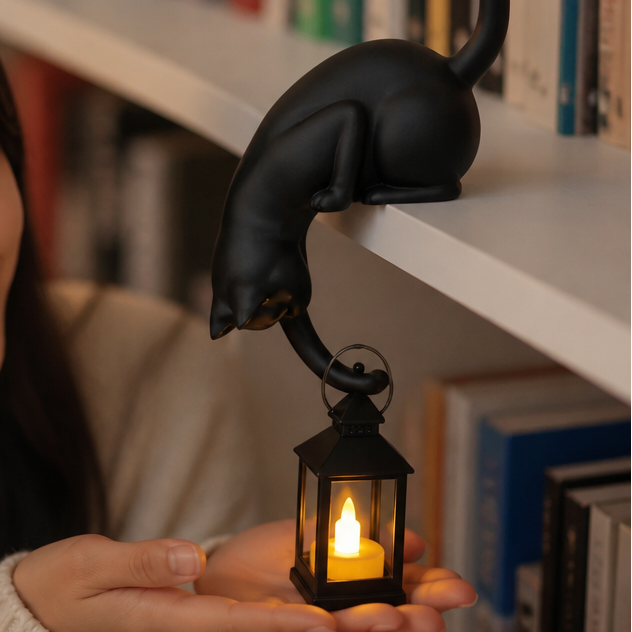WHISKELLE – Linterna LED con figura de gato en el borde del estante para una decoración encantadora