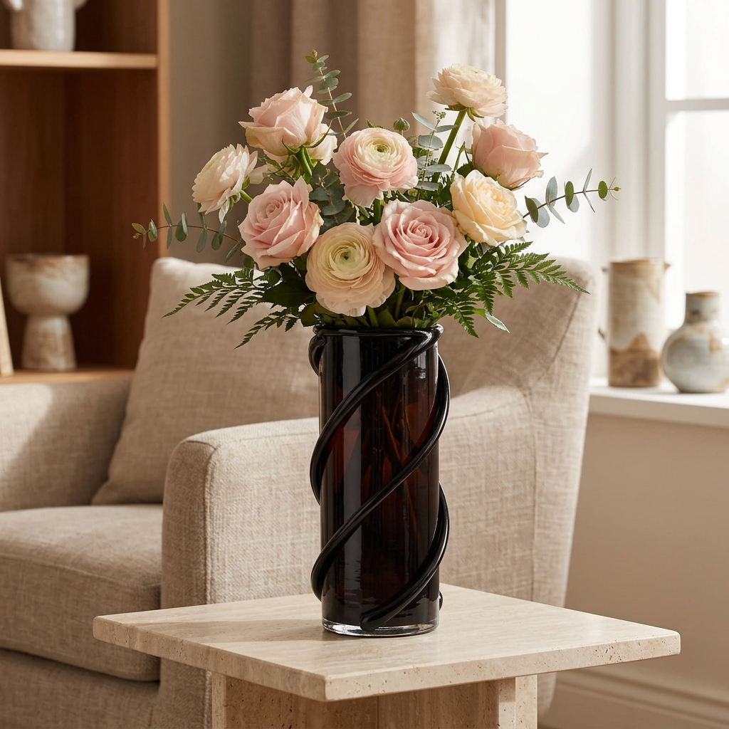 Vase with blush pink flowers in a contemporary living room