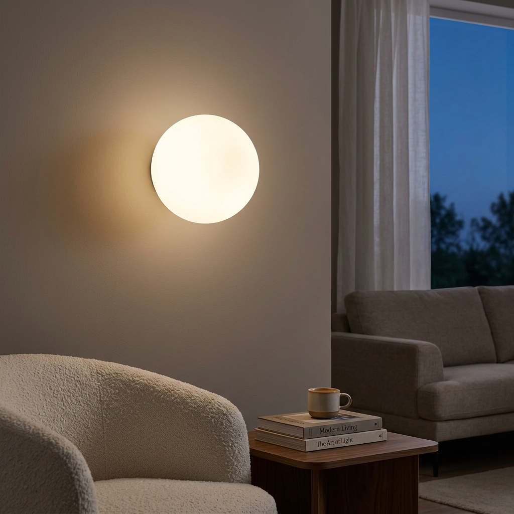 Wall light in a cozy living room at dusk